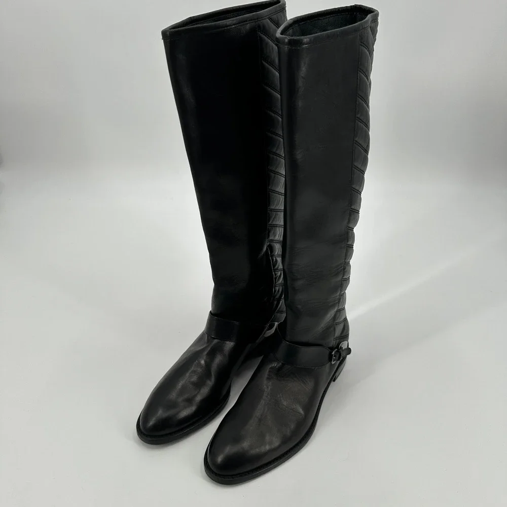 Stuart Weitzman Black Leather Knee High‎ Boots Raceway Quilted Side Buckle 6.5 M